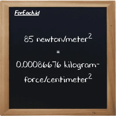 How to convert newton/meter<sup>2</sup> to kilogram-force/centimeter<sup>2</sup>: 85 newton/meter<sup>2</sup> (N/m<sup>2</sup>) is equivalent to 85 times 0.000010197 kilogram-force/centimeter<sup>2</sup> (kgf/cm<sup>2</sup>)